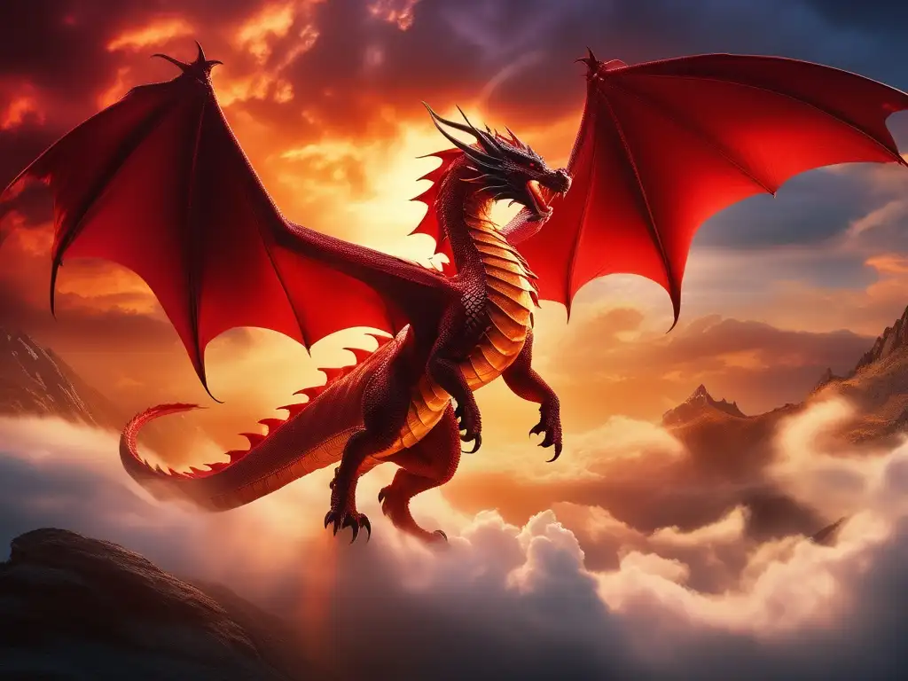 Dragón rojo en cultura asiática, vuelo celestial y místico