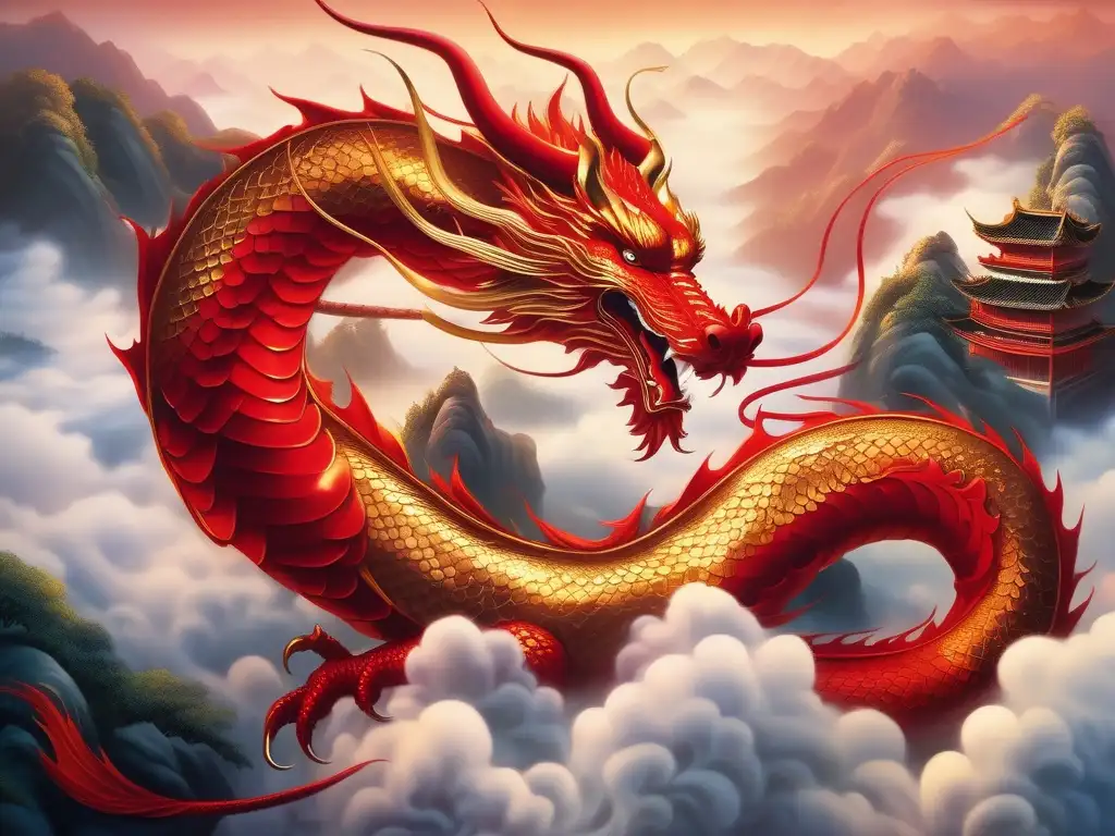 Dragones rojos en cultura asiática: pintura etérea y misteriosa de un dragón serpenteante con escamas de oro y ojos cautivadores