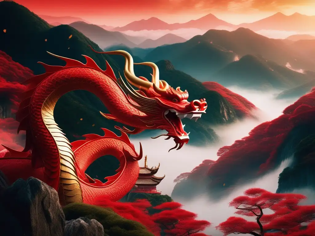 Dragones rojos en cultura asiática - Imagen mística de un majestuoso dragón rojo volando por un paisaje encantador