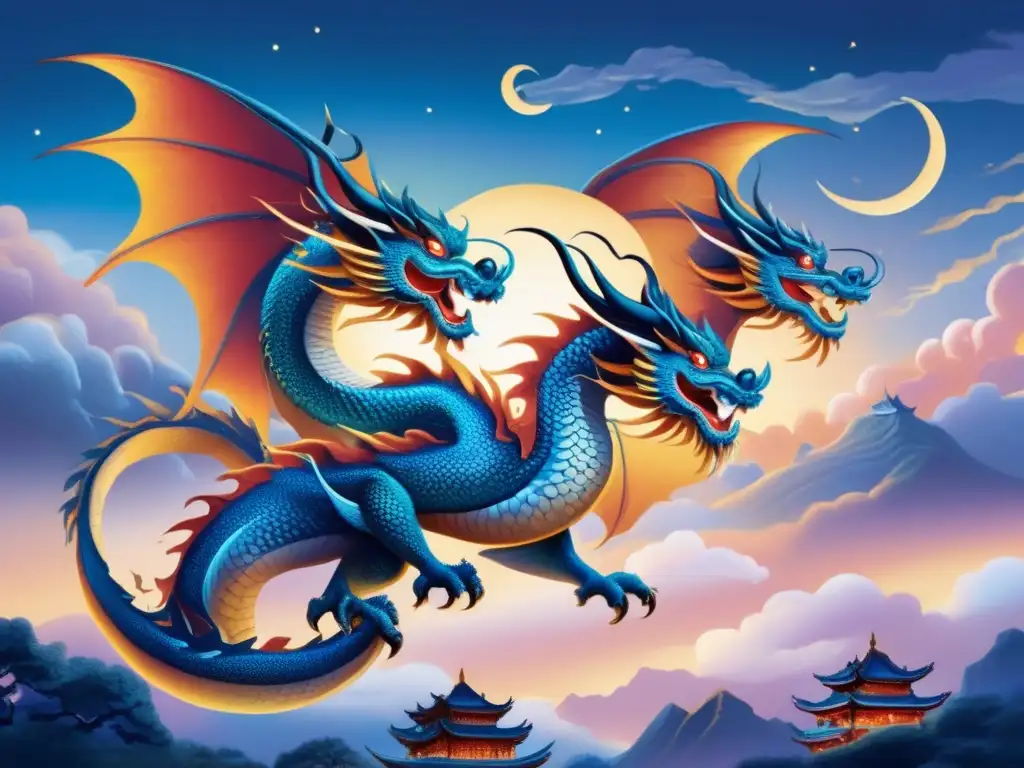 Dragones chinos volando en un cielo crepuscular, representando colores y misticismo - Significado dragones astrología china