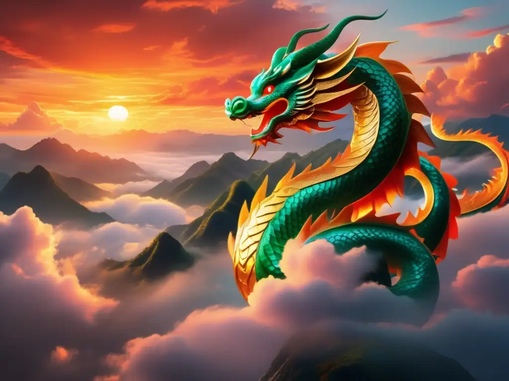 Dragones de jade en cultura oriental, vuelan en el cielo al atardecer con montañas místicas al fondo