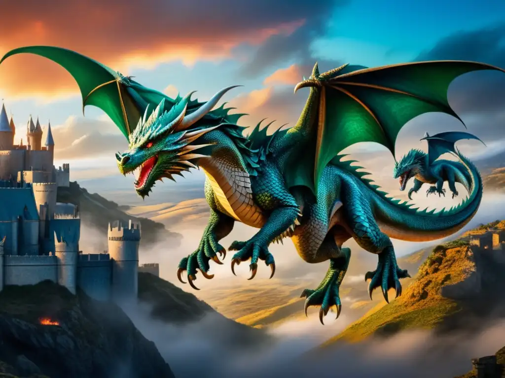 Simbolismo criaturas mitológicas Game of Thrones, dragones majestuosos vuelan en paisaje místico