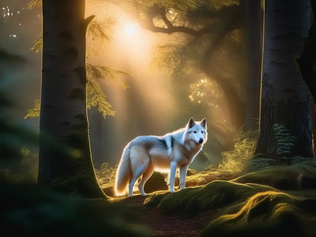 Escena de bosque etéreo con lobo blanco, evocando los orígenes míticos de los cambiaformas