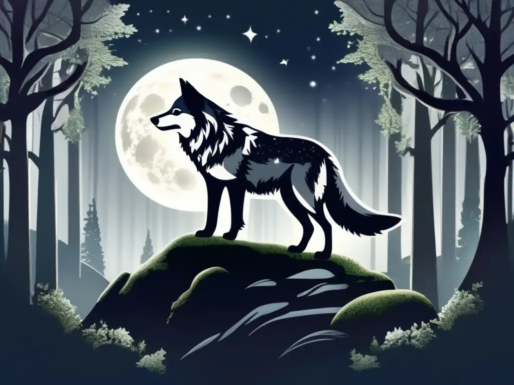 Leyendas de lobos y mitología lunar en un bosque nocturno iluminado por la luna, con un lobo aullando hacia el cielo estrellado