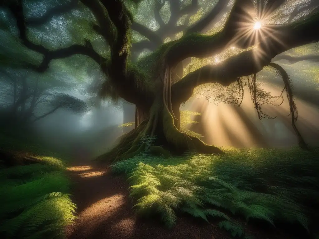 Un fauno majestuoso en un bosque encantado, entre luz y sombra