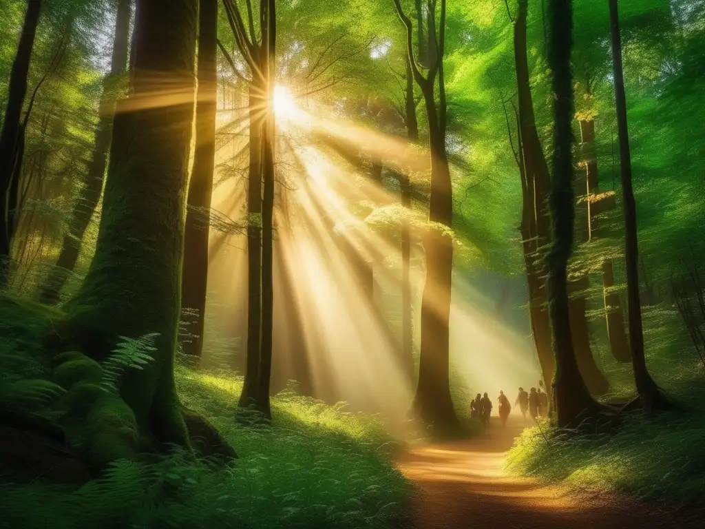 Celebración pagana moderna en un bosque encantado con luz dorada