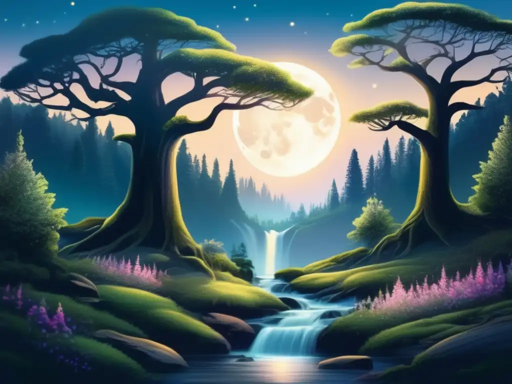 Bosque místico iluminado por la luna con criaturas míticas en la saga Harry Potter