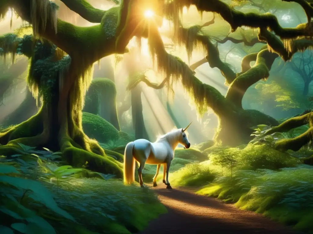 Bosque encantado al atardecer con unicornio: criaturas míticas en literatura contemporánea