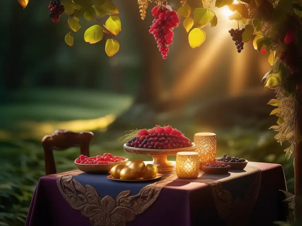 Secretos alimenticios hadas en un bosque encantado con mesa de madera, bayas brillantes y hadas mágicas