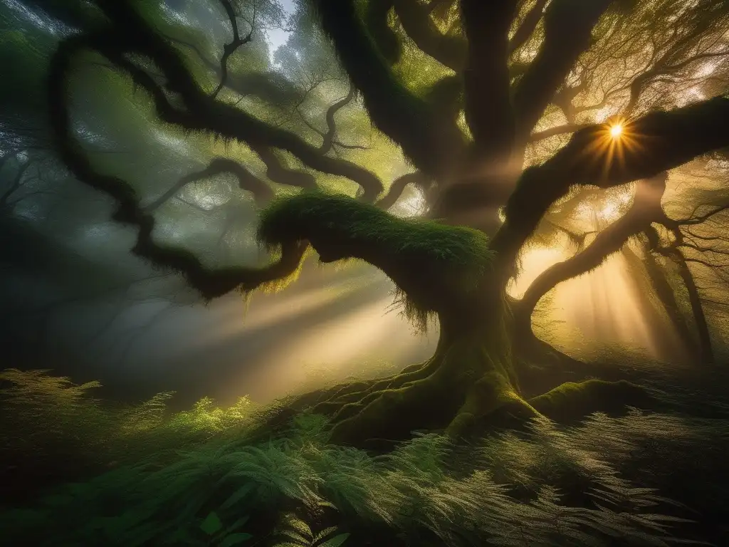 Bosque místico al atardecer, envuelto en niebla