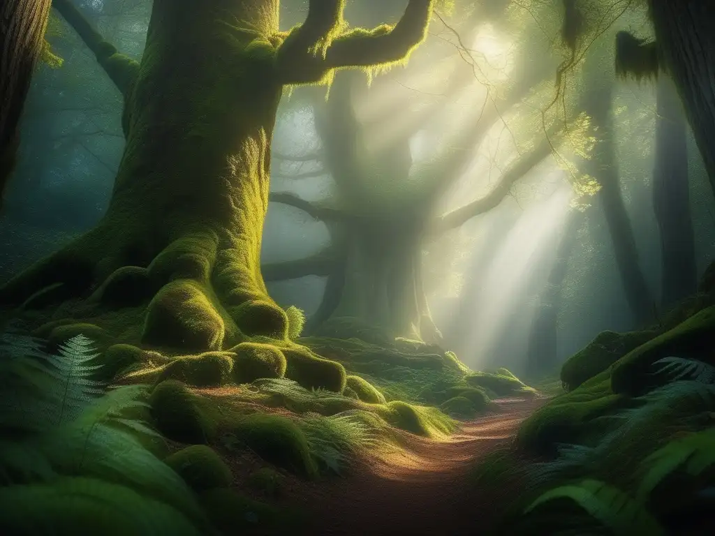 Bosque místico con árboles antiguos, musgo y unicornio reflejando origen y fascinación de maldiciones humanas