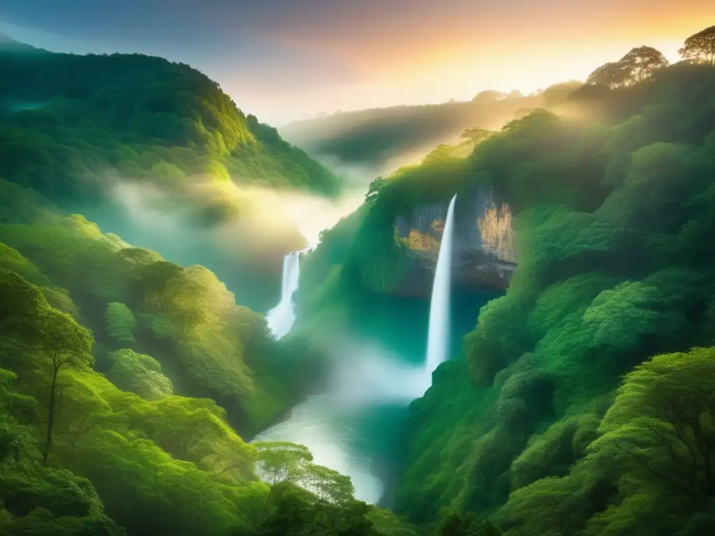 Simbología oculta en celebraciones mitológicas: Bosque etéreo al atardecer con árboles majestuosos, cascada brillante y flores vibrantes