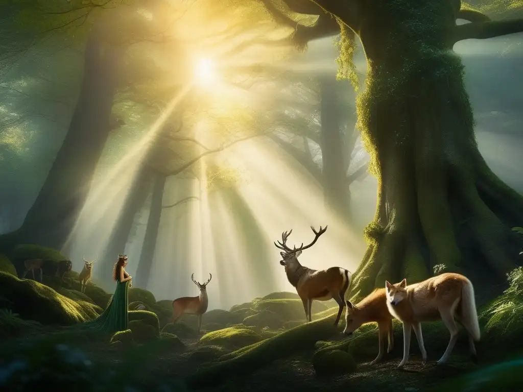 Conexión elfos-animales en mitología europea: Bosque místico, árboles altos, elfos, animales majestuosos, magia y encanto