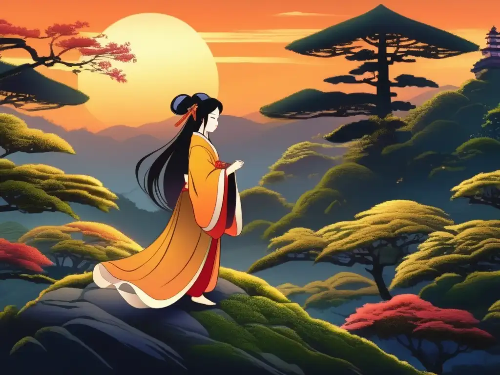 Jorōgumo yōkai seductora en bosque encantado al atardecer