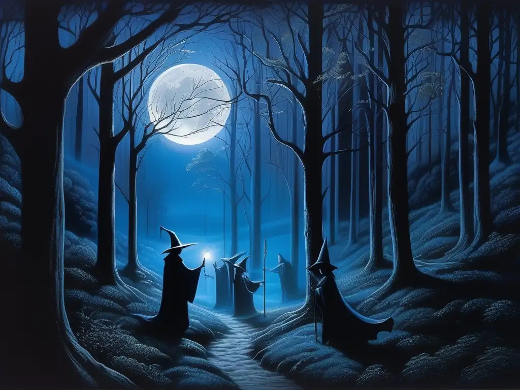 Brujas y la Luna: Aliadas nocturnas en un bosque encantador bajo la luna llena