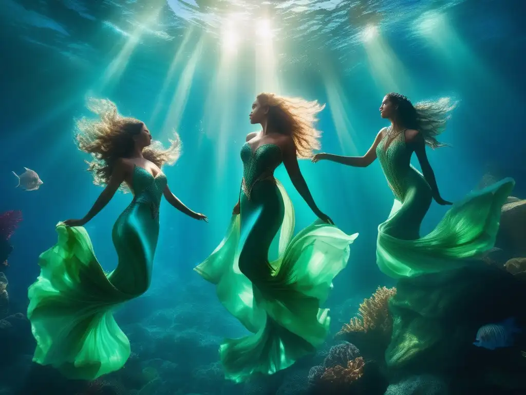 Historia de las sirenas mitológicas en un mar sereno, iluminado por la suave luz del sol filtrada a través del agua