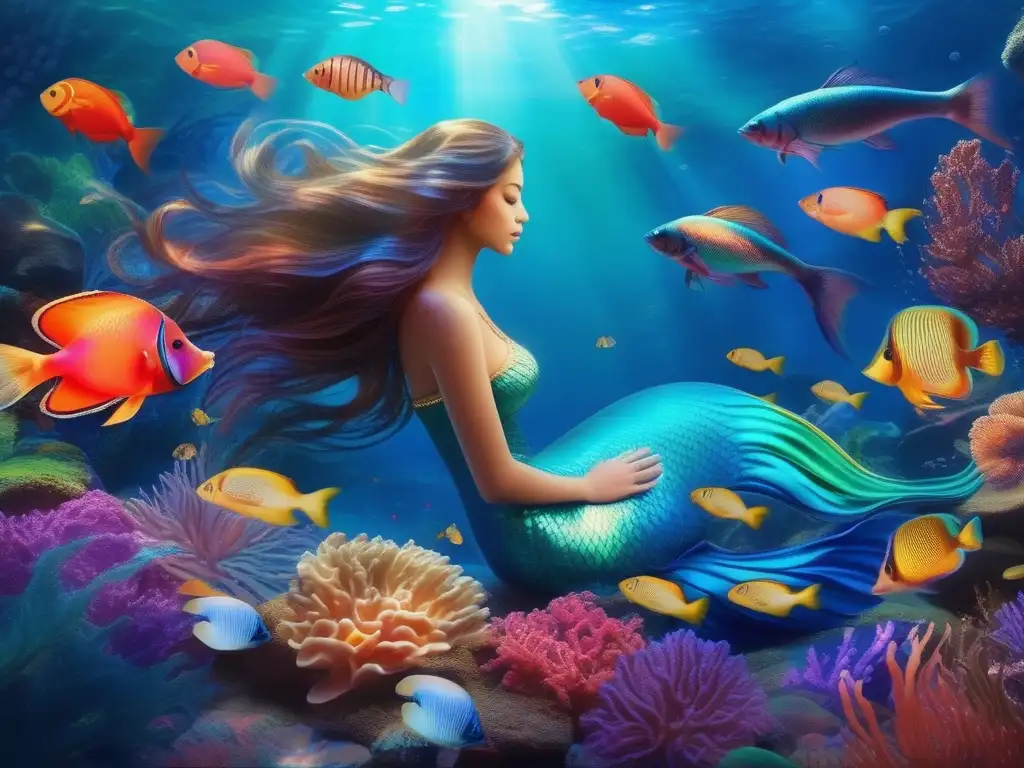 Criaturas acuáticas en cultura asiática: Mermaid serena rodeada de arrecifes de coral, peces tropicales, delfines y caballitos de mar