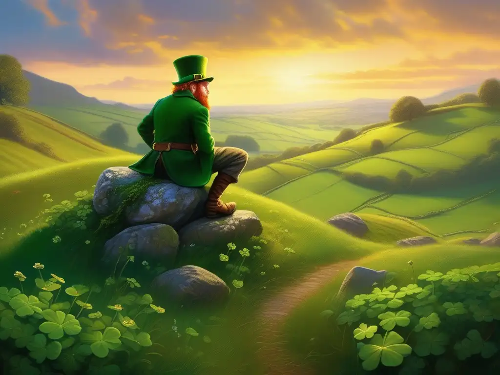 Leprechaun en paisaje irlandés: encanto y mitología (110 caracteres)