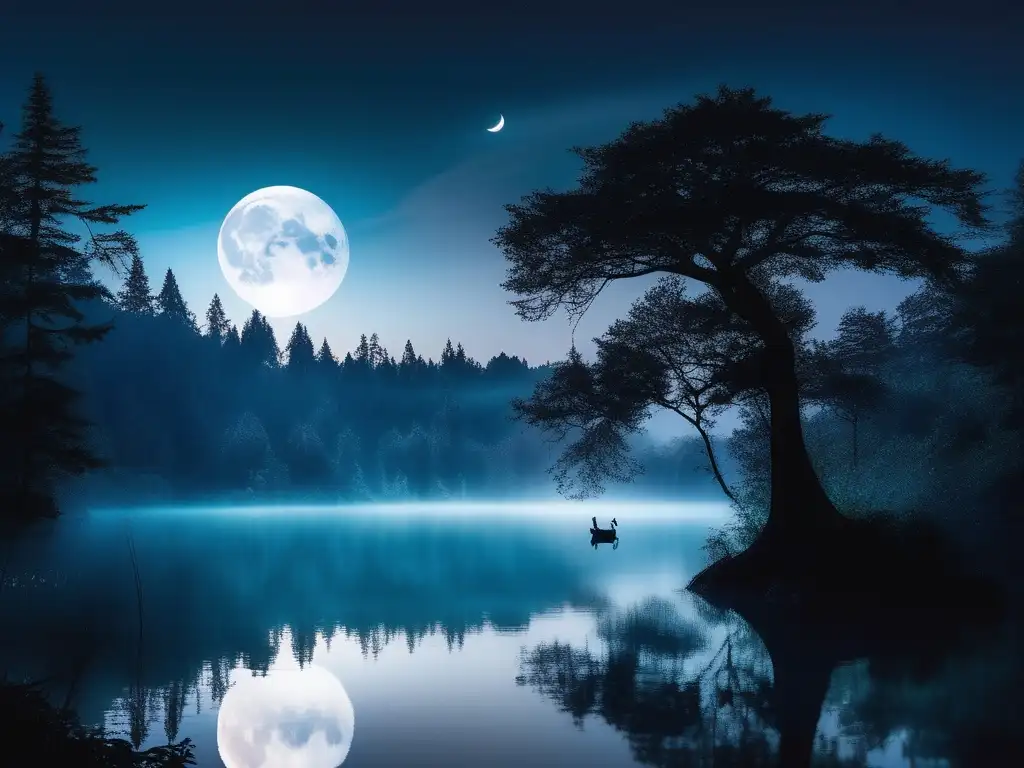 Imagen de lago iluminado por la luna en un bosque, evocando la leyenda de la Llorona: amor y transformación