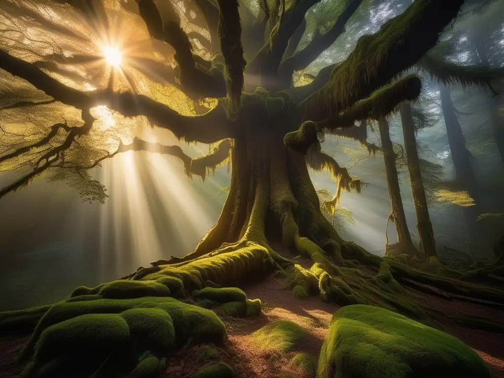 Bosque mágico con un majestuoso Ent Criaturas míticas en el Señor de los Anillos: Bosque dorado, árboles ancestrales, Ent majestuoso y la conexión con la naturaleza