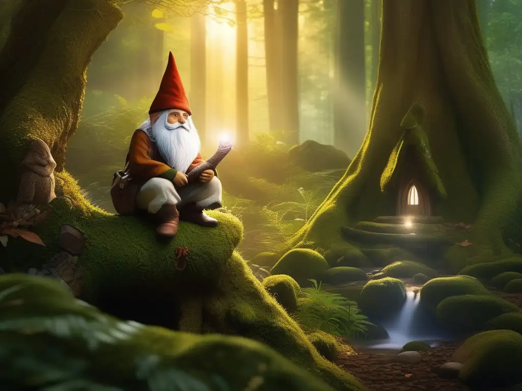 Bosque encantado con gnomo mágico Bosque encantado con gnomo sabio sosteniendo una flor: Significados de los tatuajes de gnomos