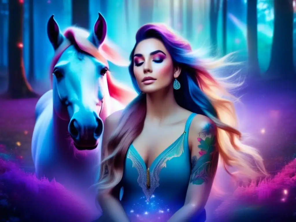 Mujer con tatuajes de unicornios, simbolizando el significado de los unicornios en la cultura pop