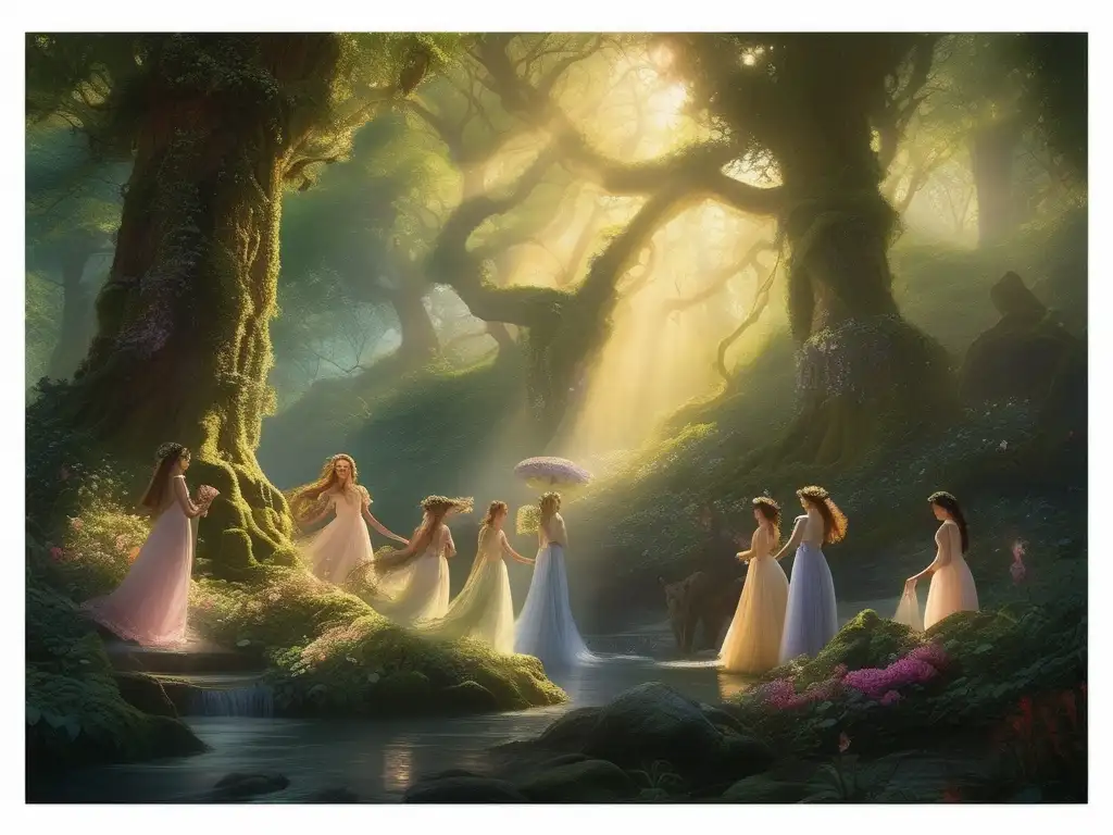 Ninfas divinas danzando en un bosque encantado - Ninfas en la mitología: misteriosas criaturas divinas