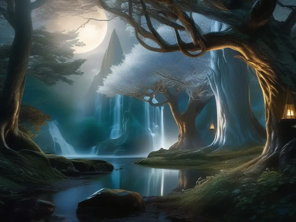Mundo mágico de Tolkien: Lothlórien iluminada Criaturas míticas en el Señor de los Anillos: El bosque encantado de Lothlórien, con el Mallorn y seres mágicos