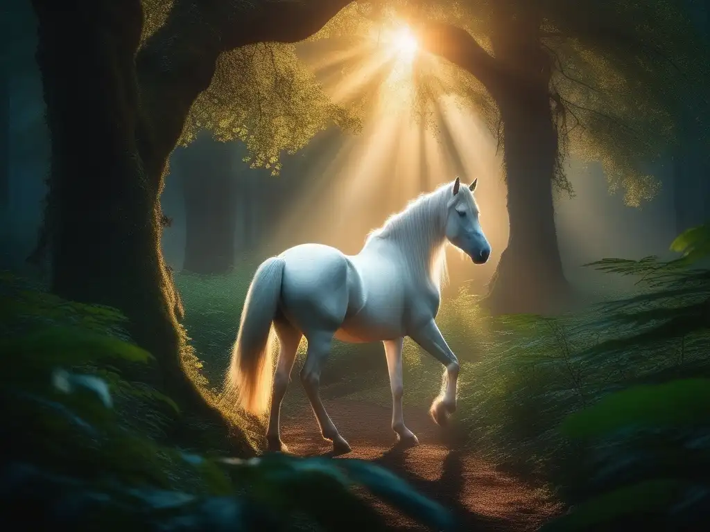 Bosque místico con unicornio y héroe Bosque místico con unicornio y héroe, simbolizando el vínculo entre mascotas míticas y cuentos