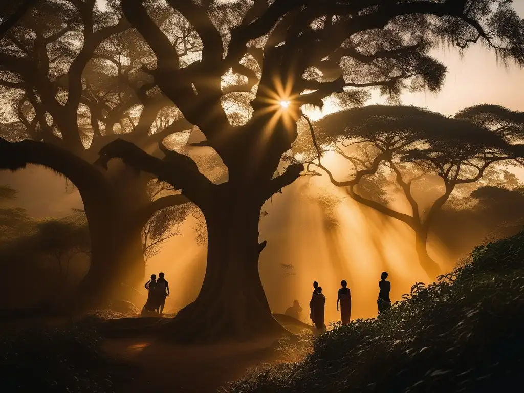 Bosque africano bañado en la suave luz dorada del atardecer, con humanos interactuando con espíritus animales en una conexión mística