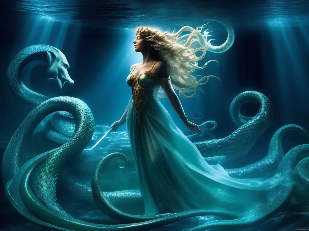 Encuentro transformador: Medusa y Poseidón Transformación Medusa: maldición redención - Poseidon y Medusa encuentro trascendental con serpientes y agua mística