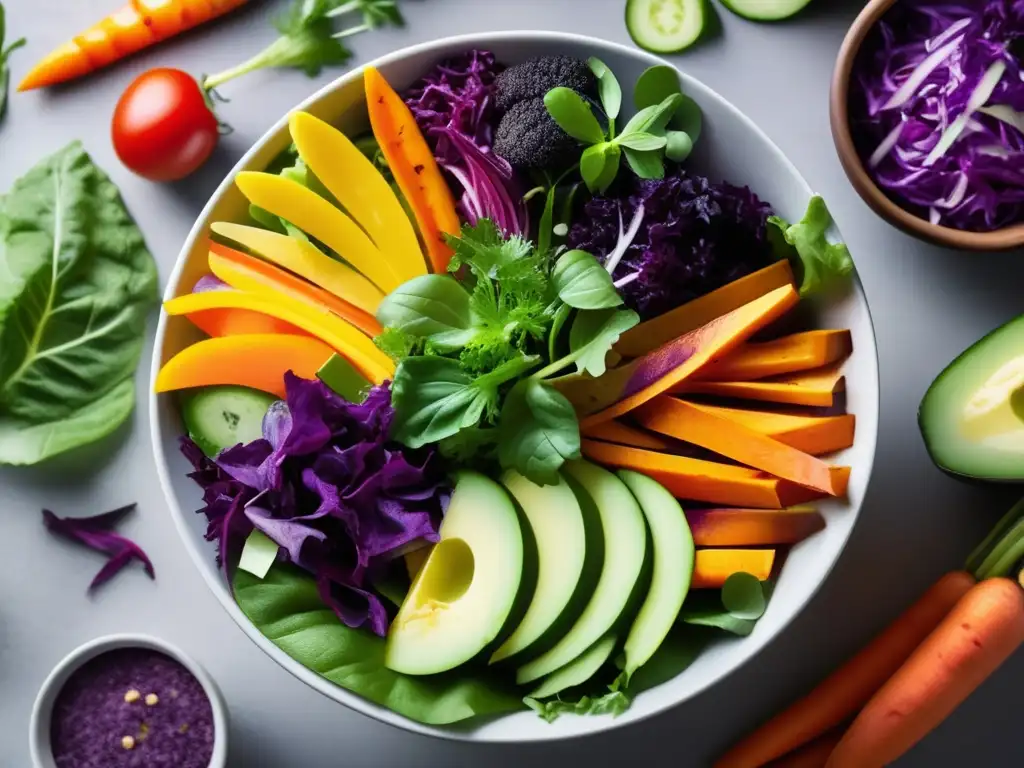 Una exquisita y vibrante ensalada de vegetales y frutas, con ingredientes mágicos y una atmósfera encantadora