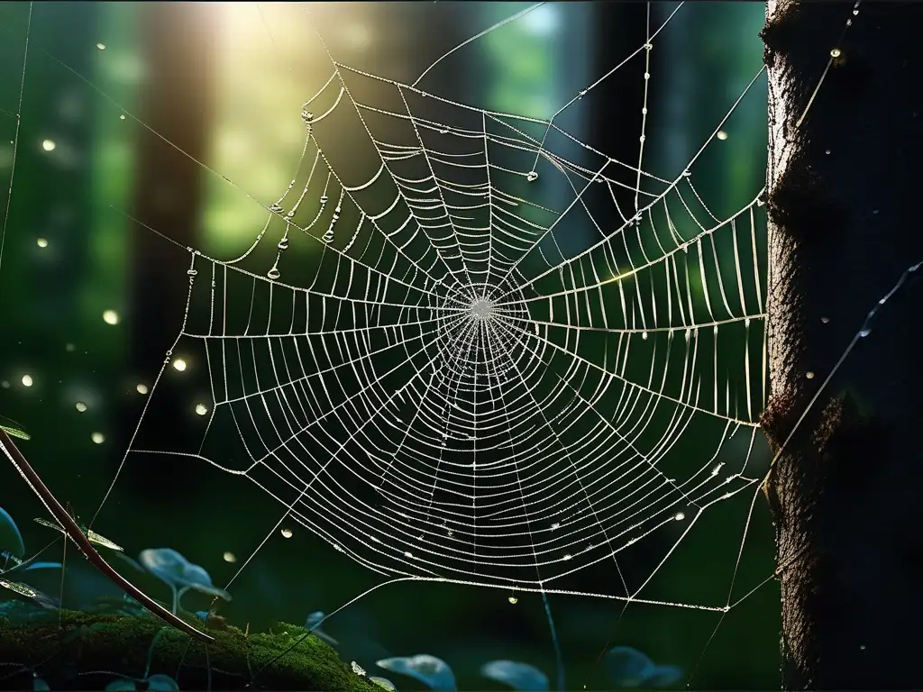 Bosque encantado con tela de araña Bosque encantado con telarañas de plata y hojas otoñales - Origen mitológico de las arañas