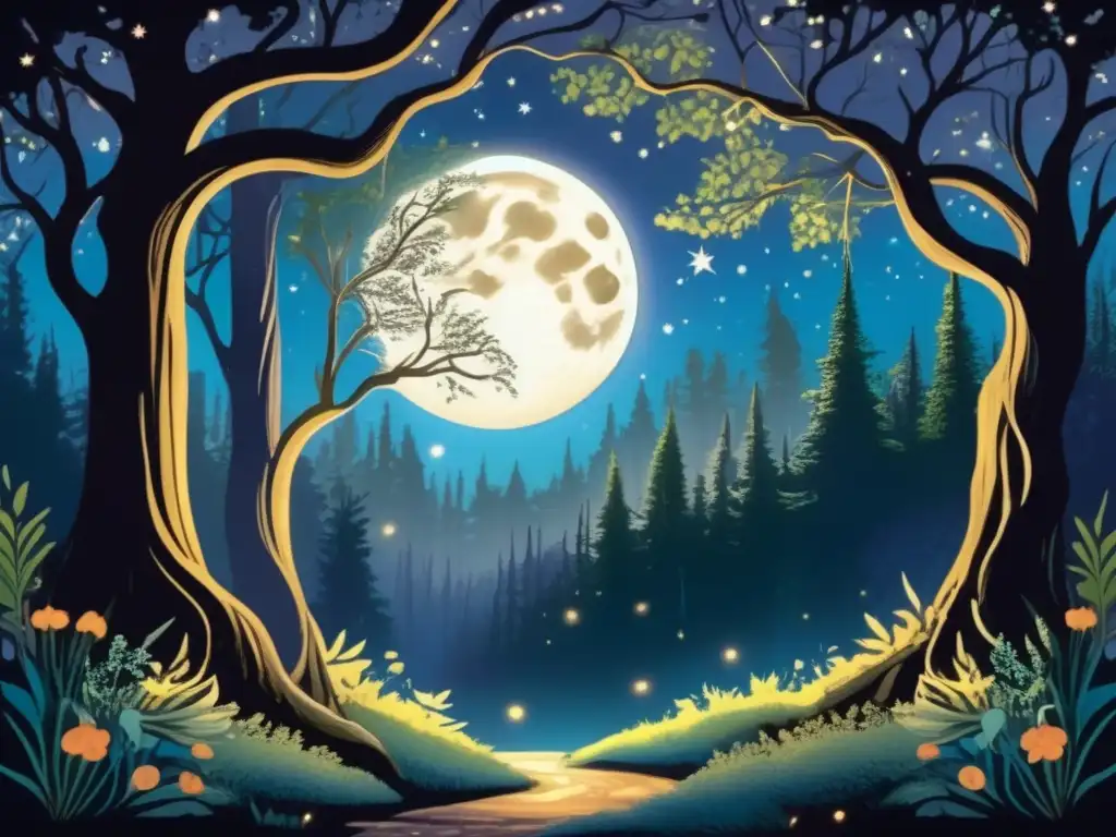 Escena mágica con hadas, elfos, luna y estrellas en un bosque encantado