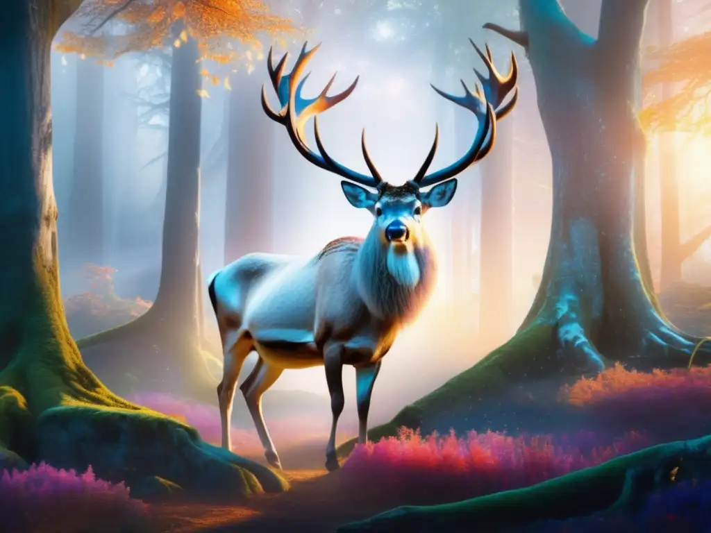 Transformaciones míticas en leyendas Arturo: escena encantadora en el bosque místico con un majestuoso ciervo blanco y personajes mitológicos