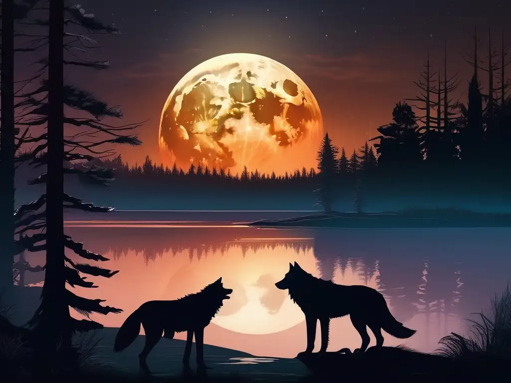 Escena nocturna con lobos, werewolves, sirenas lunares y un dragón en vuelo - Criaturas mitológicas de la Luna en la literatura fantástica