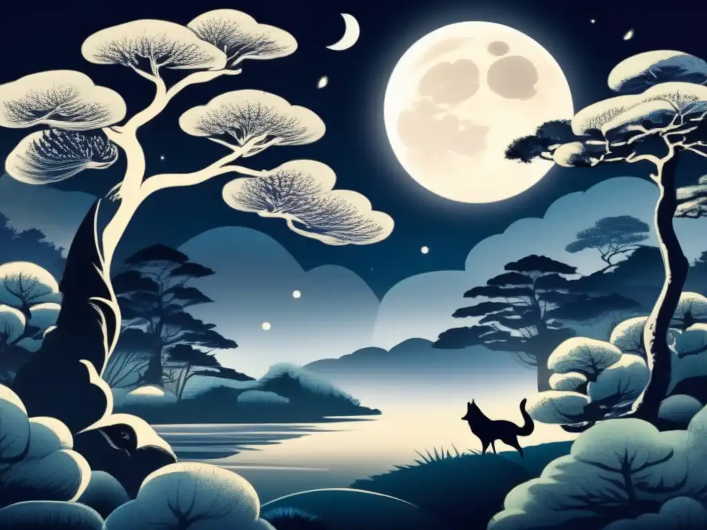 Yōkai de la Luna en el folklore japonés - Escena nocturna con un bosque místico iluminado por la luna llena