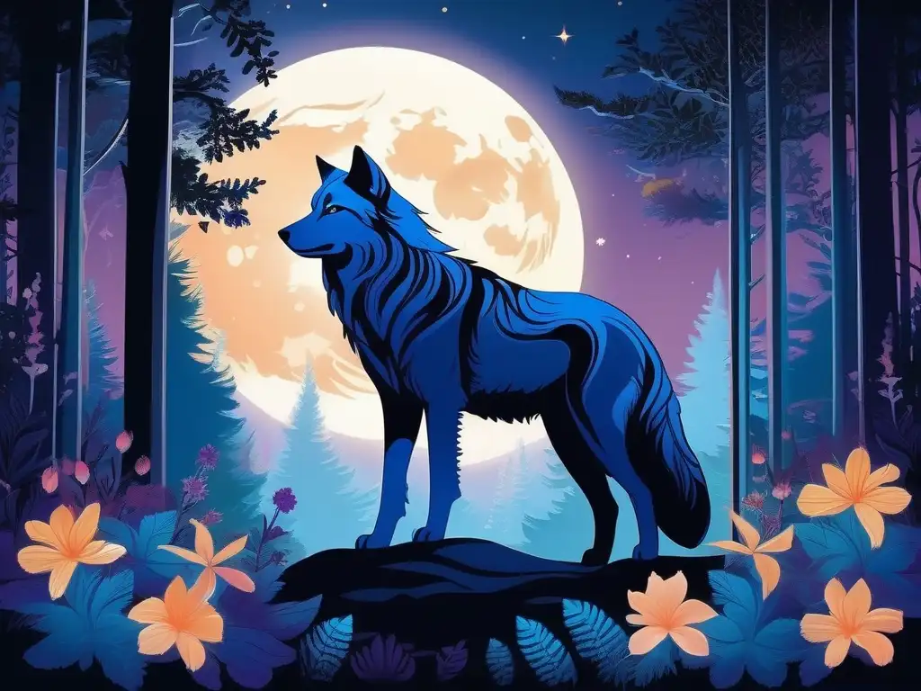 Leyendas de lobos y mitología lunar en un bosque místico con un lobo plateado y la luna llena