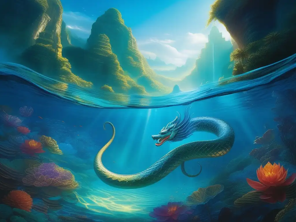 Mitología hindú: Naga, serpiente de agua sagrada - Escena submarina serena con Naga majestuoso, aguas azules y plantas acuáticas