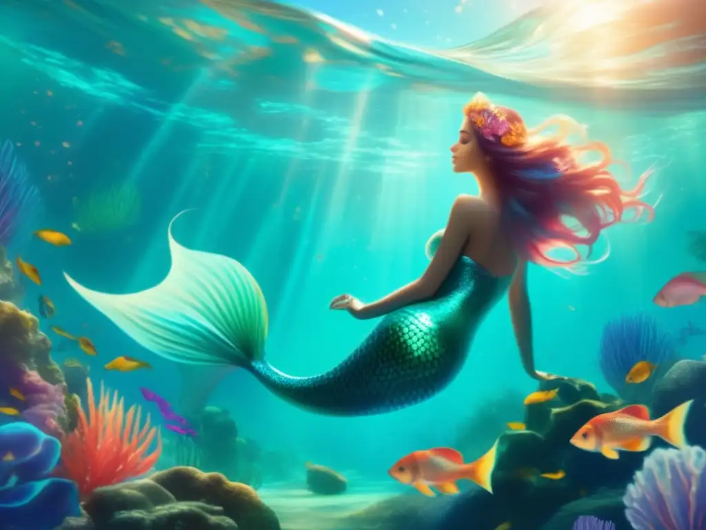 Hermoso tatuaje de sirena en escena submarina, con corales, peces y ambiente etéreo