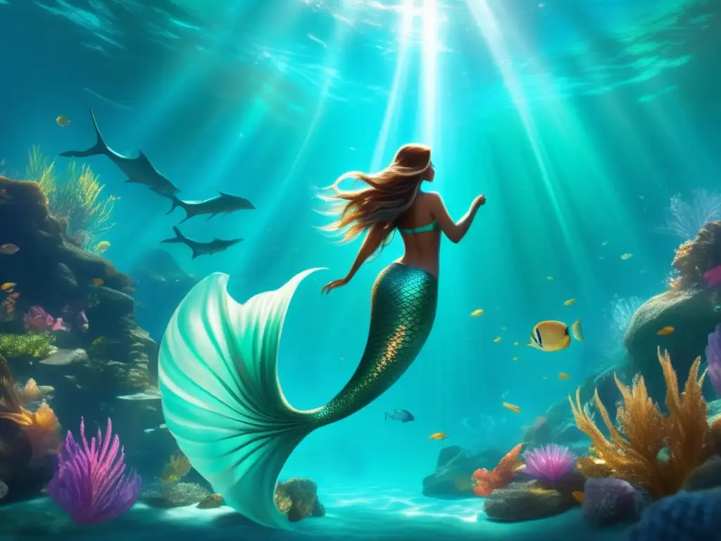 Historias de criaturas mitológicas oceánicas: Mermaid, sea dragon, selkies y kraken en una escena submarina impresionante