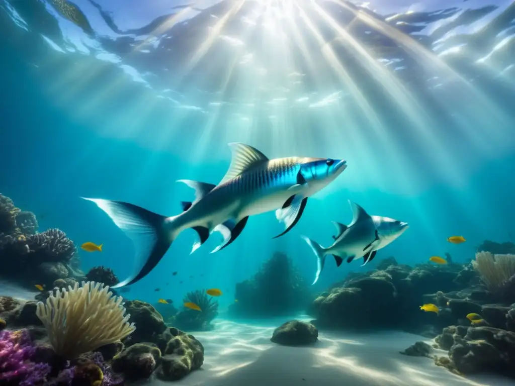 Belleza etérea de Tritones en arrecife Criaturas marinas mitológicas: escena submarina vibrante de Tritones majestuosos y coloridos