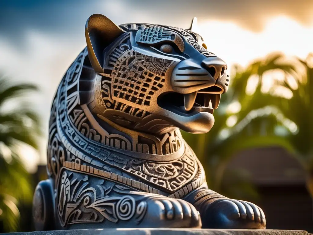 Deidad del jaguar mesoamericano en una escultura poderosa y detallada en una vibrante ciudad