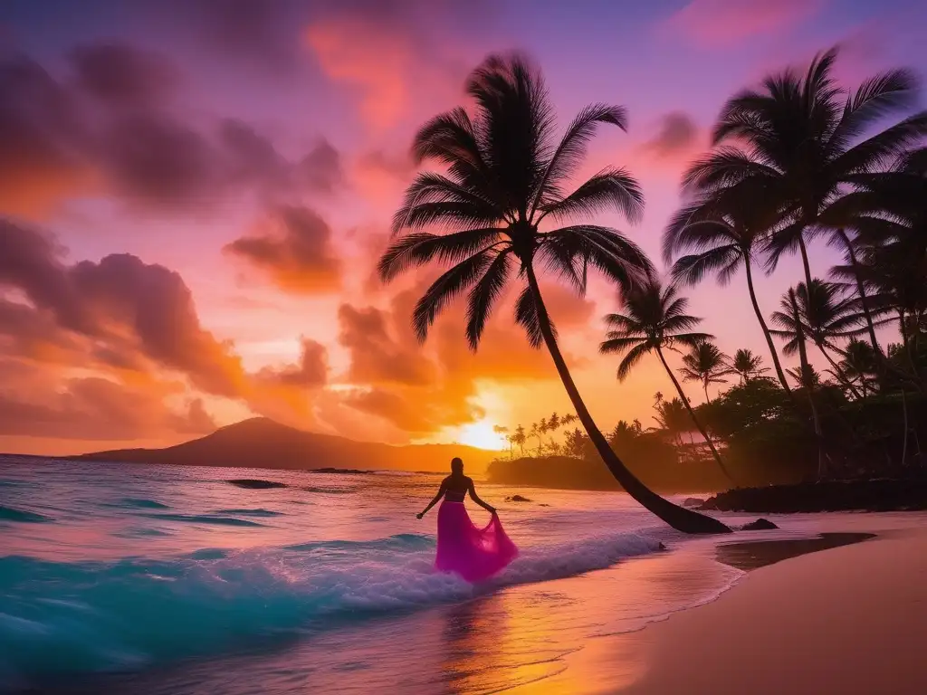 Paisaje de atardecer dorado en playa hawaiana, con leyendas y mitos del sol