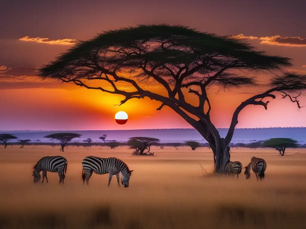 Paisaje africano al atardecer con guepardo sagrado y cosmología africana