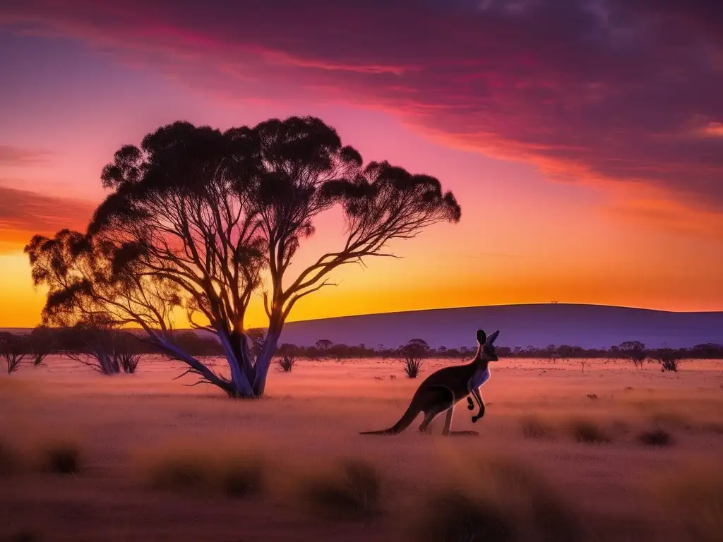 Paisaje místico al atardecer en el Outback australiano con animales emblemáticos - Espíritus animales mitología australiana