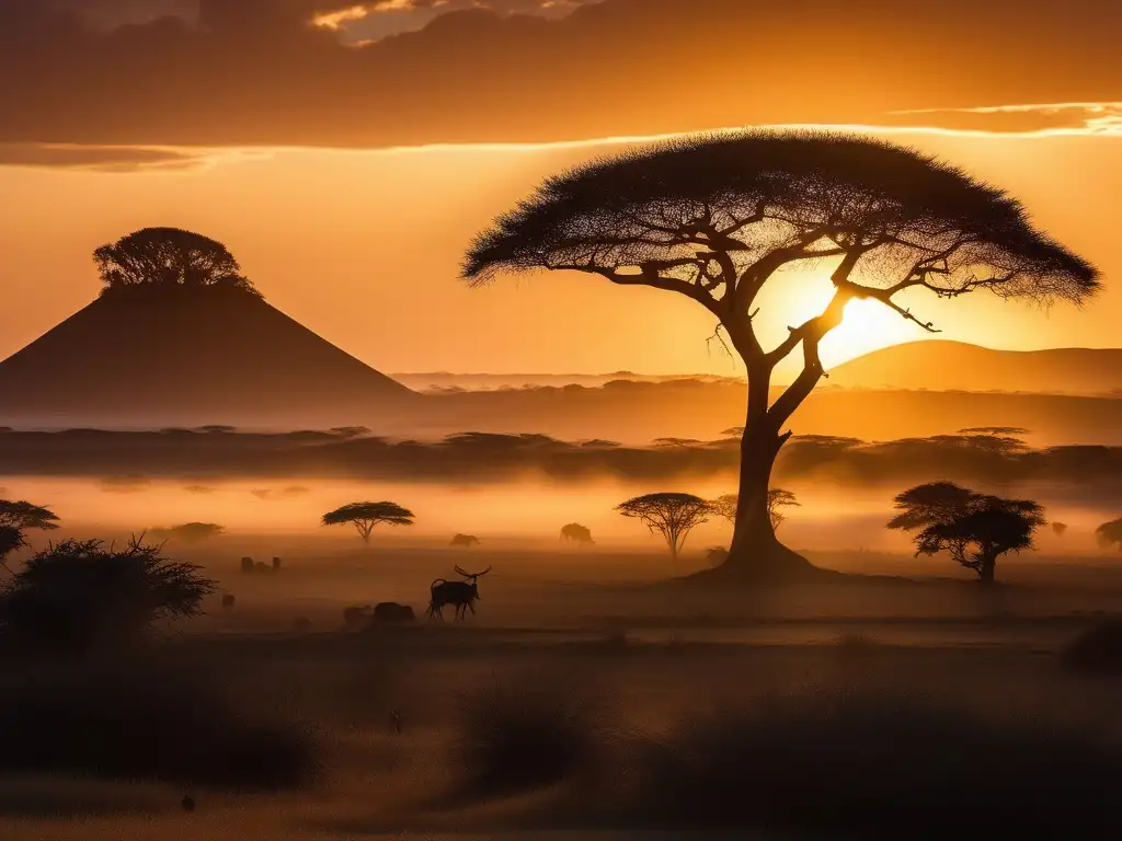 Espíritu de naturaleza africana en paisaje místico al atardecer con aura dorada, inspirado en mitología y arte africano