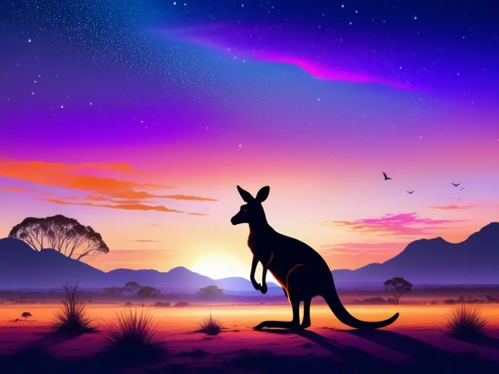 Paisaje místico al atardecer con canguro y mitología de los Dioses Australianos