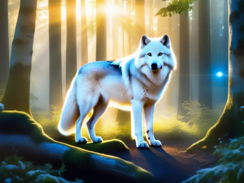 Influencia de Espíritus Animales en bosque encantador con lobo blanco, mariposas vibrantes y conexión espiritual