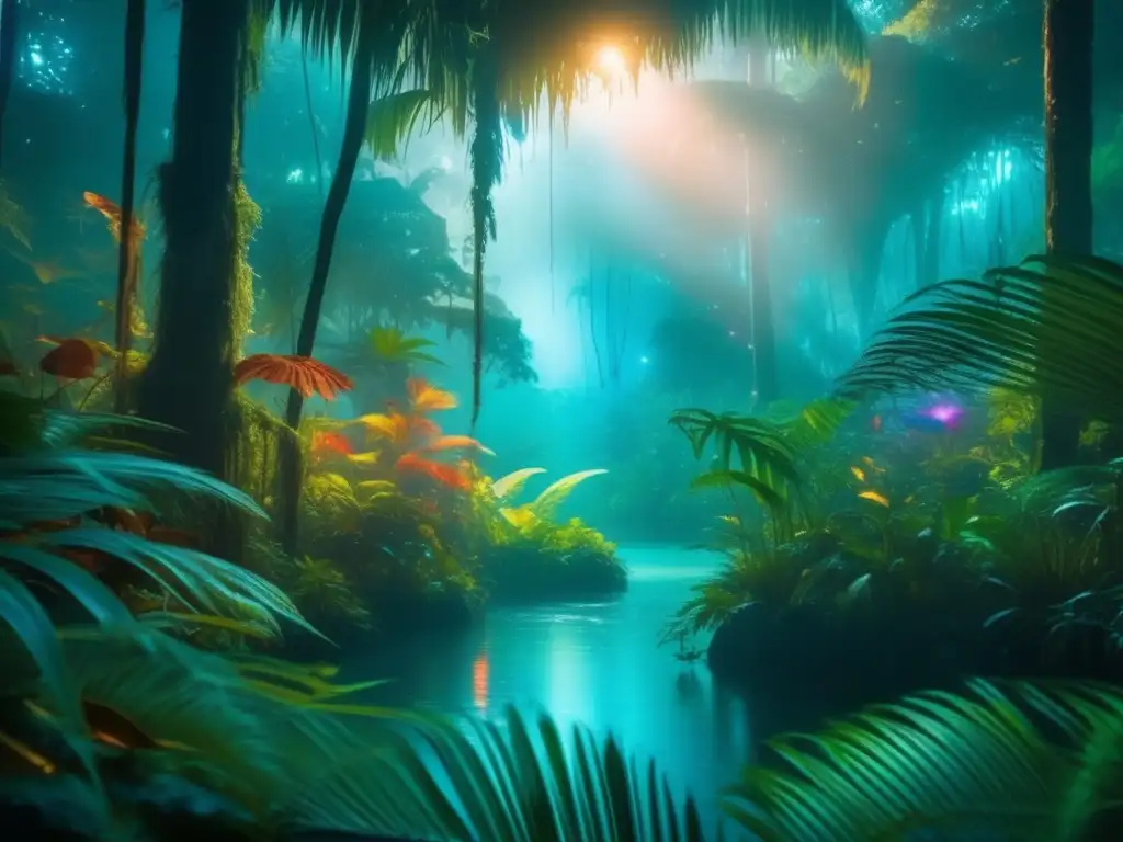 Espíritus de la selva en leyendas americanas - Escena mística de la jungla iluminada por plantas bioluminiscentes